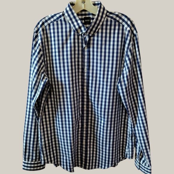 Hugo Boss Mens Slim Fit Gingham Button Down Shirt Blue/White Large - Picture 1 of 11